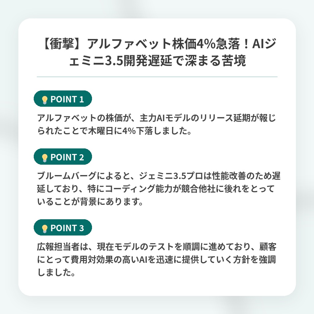 【衝撃】アルファベット株価4%急落!AIジェミニ3.5開発遅延で深まる苦境の注目ポイントまとめ