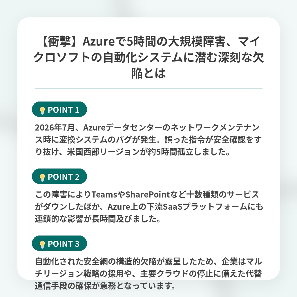 【衝撃】Azureで5時間の大規模障害、マイクロソフトの自動化システムに潜む深刻な欠陥とはの注目ポイントまとめ