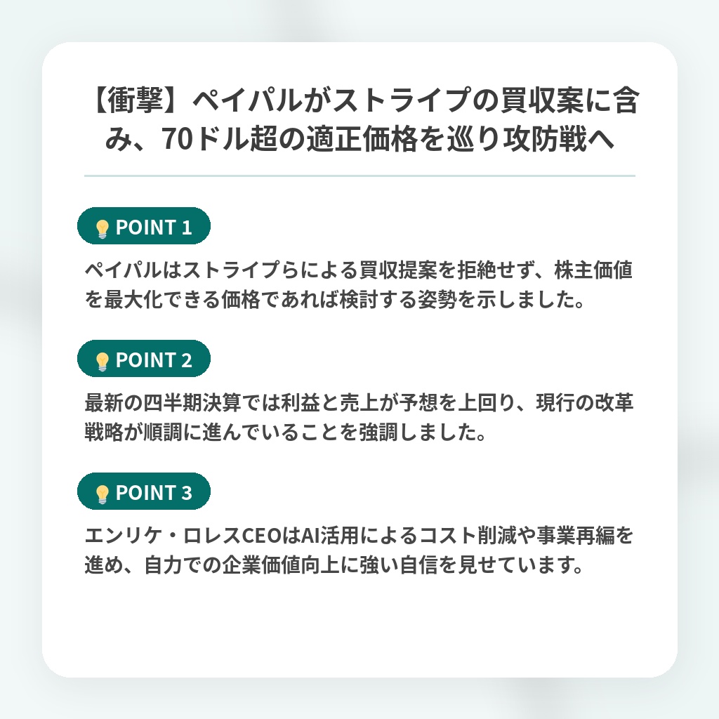 【衝撃】ペイパルがストライプの買収案に含み、70ドル超の適正価格を巡り攻防戦への注目ポイントまとめ