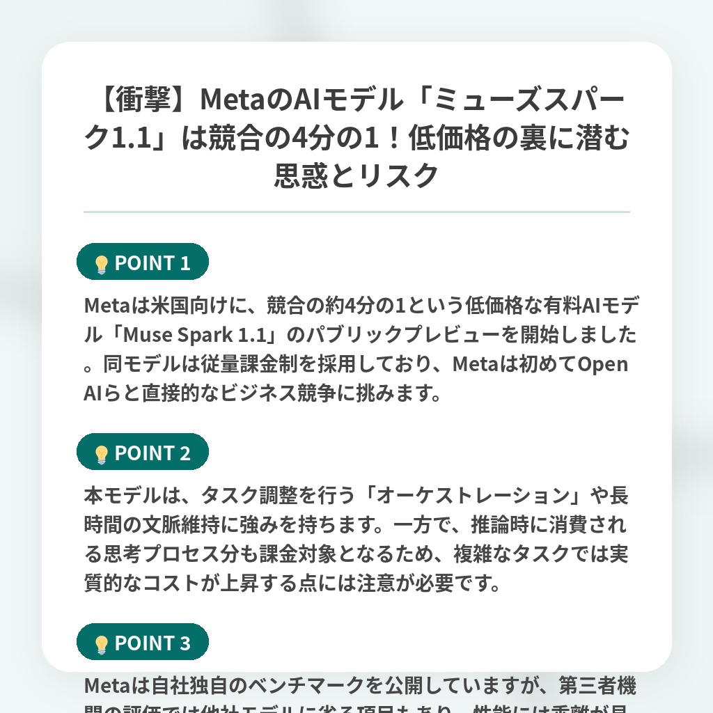 【衝撃】MetaのAIモデル「ミューズスパーク1.1」は競合の4分の1!低価格の裏に潜む思惑とリスクの注目ポイントまとめ
