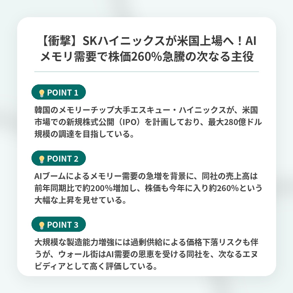 【衝撃】SKハイニックスが米国上場へ!AIメモリ需要で株価260%急騰の次なる主役の注目ポイントまとめ