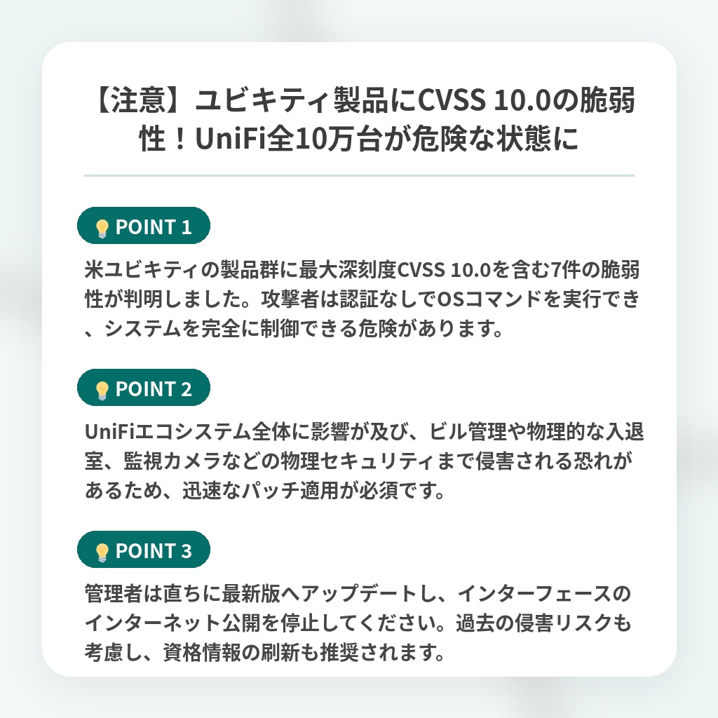 【注意】ユビキティ製品にCVSS 10.0の脆弱性!UniFi全10万台が危険な状態にの注目ポイントまとめ