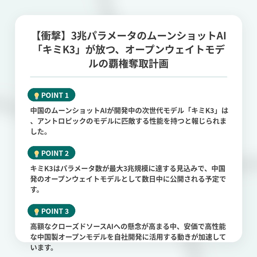 【衝撃】3兆パラメータのムーンショットAI「キミK3」が放つ、オープンウェイトモデルの覇権奪取計画の注目ポイントまとめ