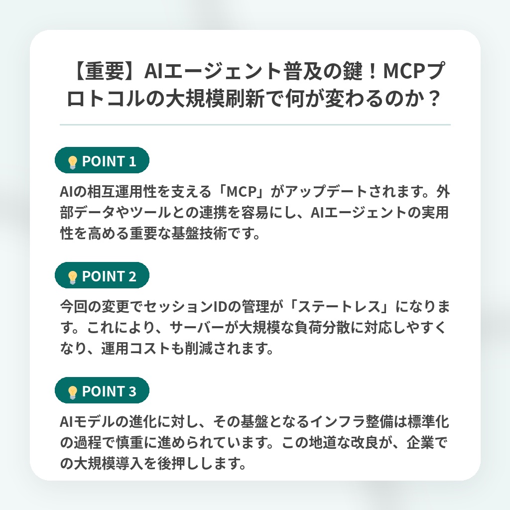 【重要】AIエージェント普及の鍵!MCPプロトコルの大規模刷新で何が変わるのか?の注目ポイントまとめ