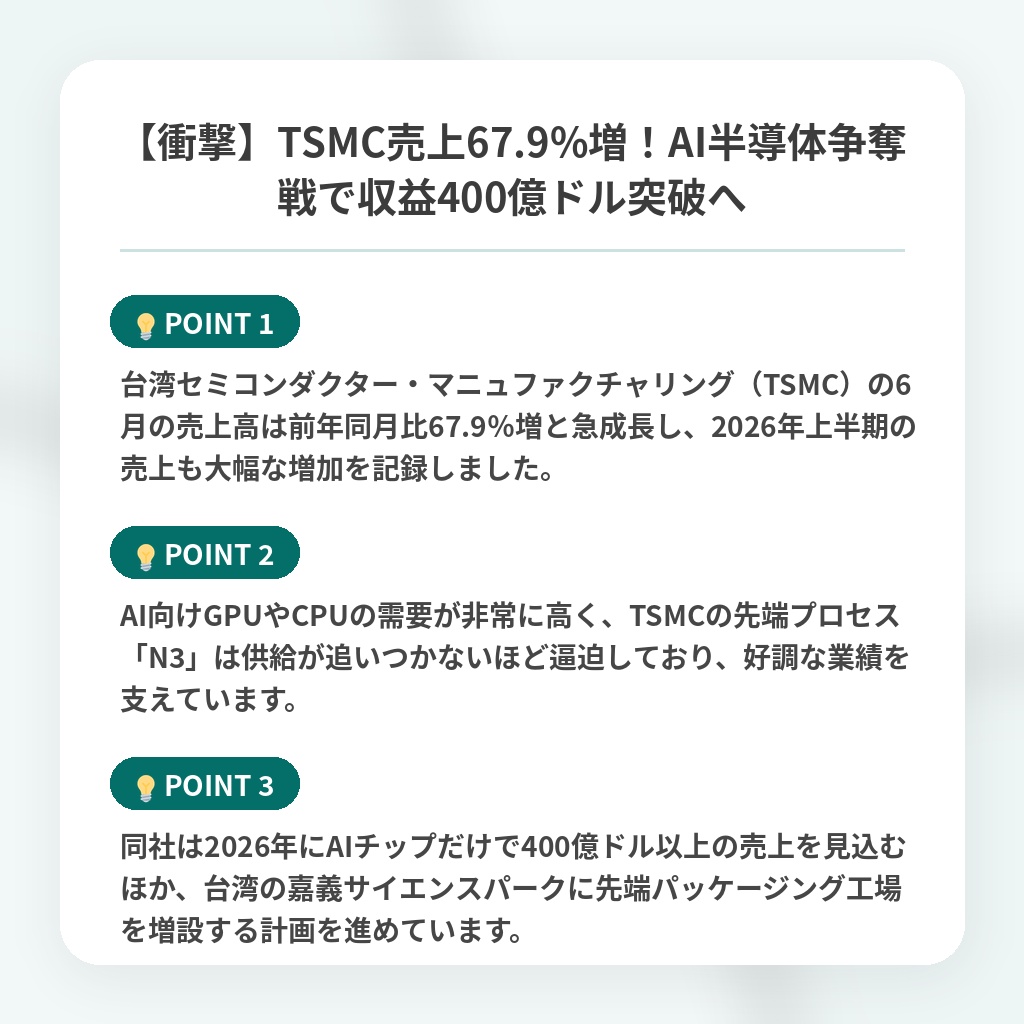 【衝撃】TSMC売上67.9%増!AI半導体争奪戦で収益400億ドル突破への注目ポイントまとめ