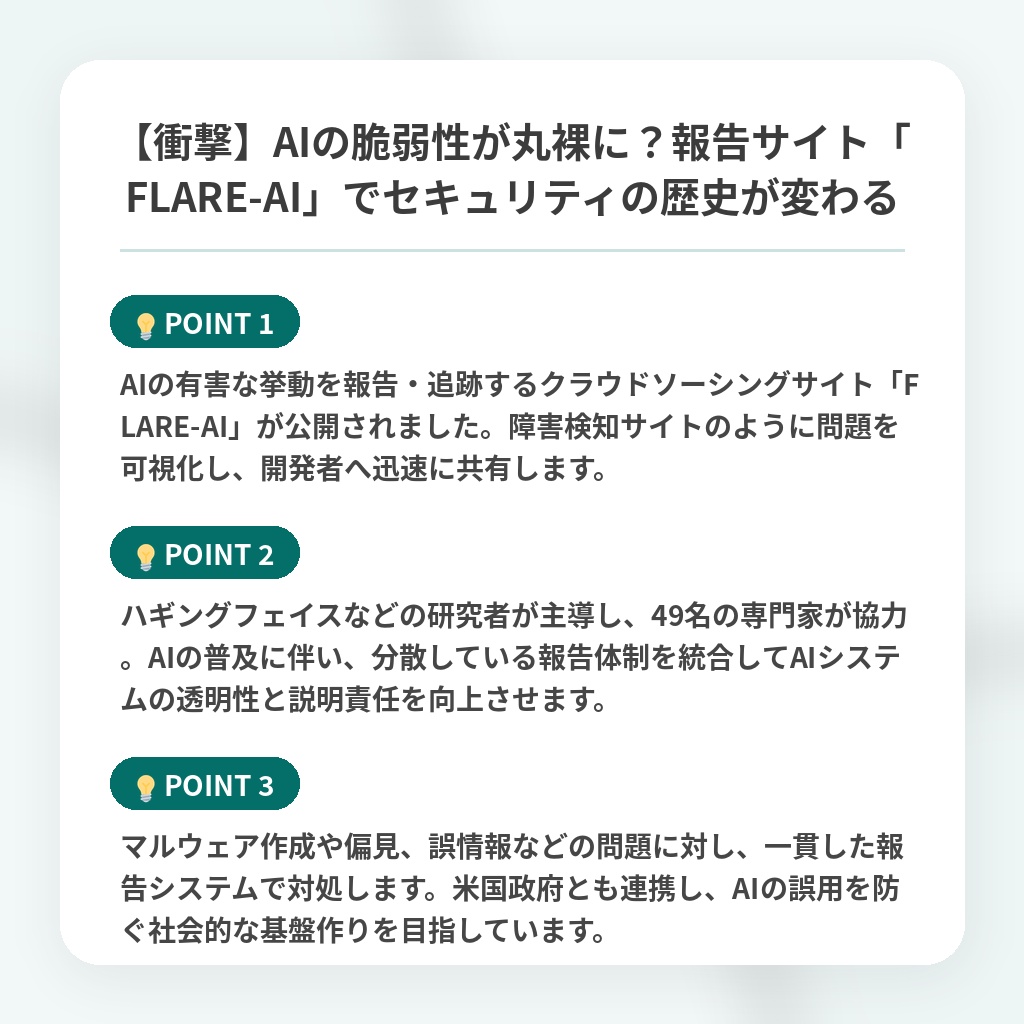 【衝撃】AIの脆弱性が丸裸に？報告サイト「FLARE-AI」でセキュリティの歴史が変わるの注目ポイントまとめ