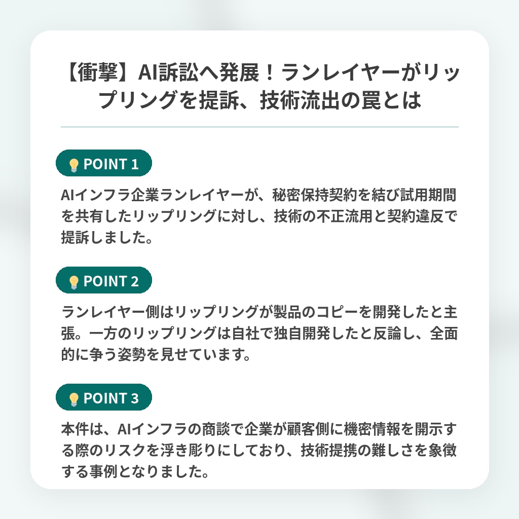 【衝撃】AI訴訟へ発展！ランレイヤーがリップリングを提訴、技術流出の罠とはの注目ポイントまとめ