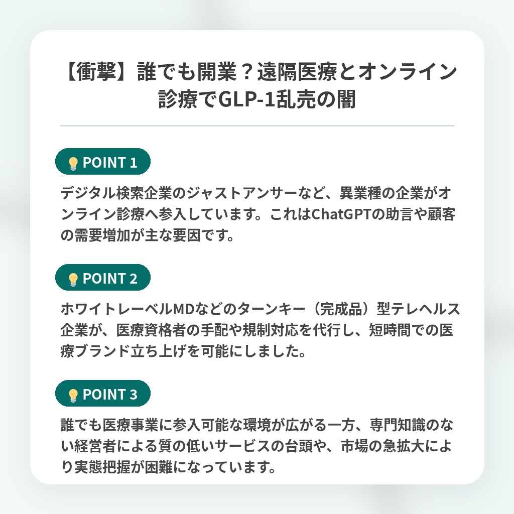 【衝撃】誰でも開業?遠隔医療とオンライン診療でGLP-1乱売の闇の注目ポイントまとめ