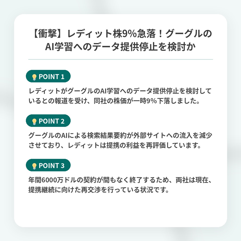 【衝撃】レディット株9%急落!グーグルのAI学習へのデータ提供停止を検討かの注目ポイントまとめ