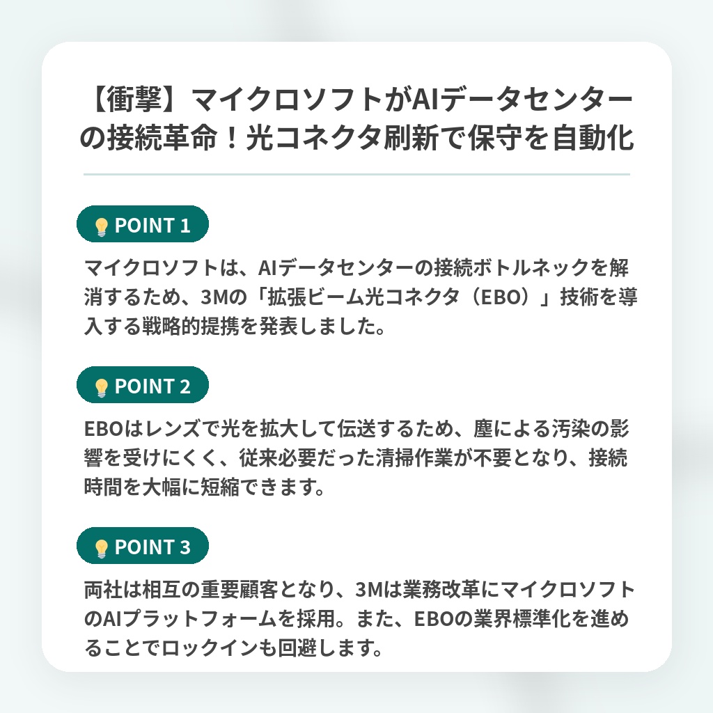 【衝撃】マイクロソフトがAIデータセンターの接続革命!光コネクタ刷新で保守を自動化の注目ポイントまとめ