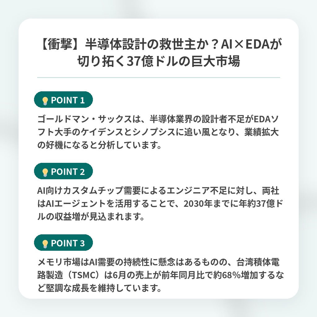【衝撃】半導体設計の救世主か？AI×EDAが切り拓く37億ドルの巨大市場の注目ポイントまとめ