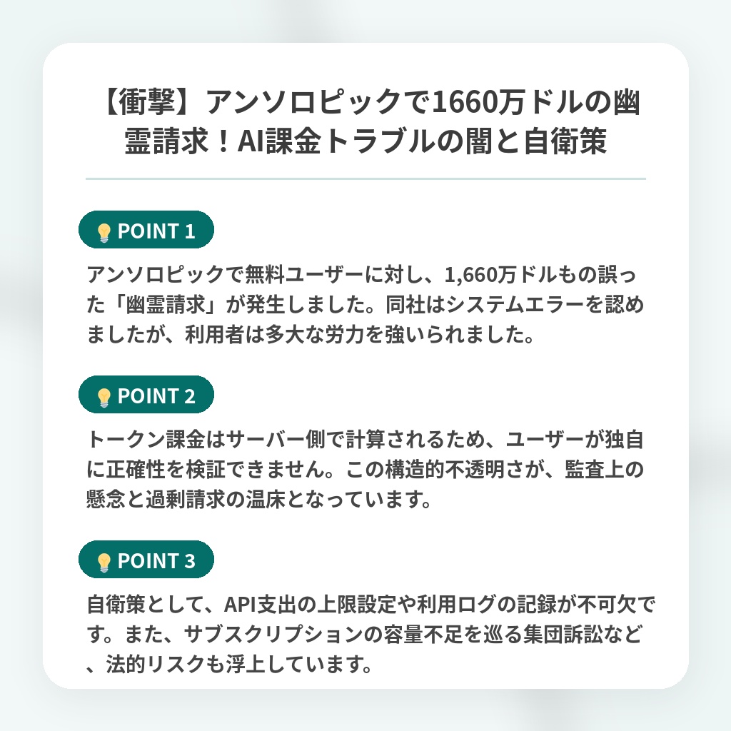 【衝撃】アンソロピックで1660万ドルの幽霊請求！AI課金トラブルの闇と自衛策の注目ポイントまとめ