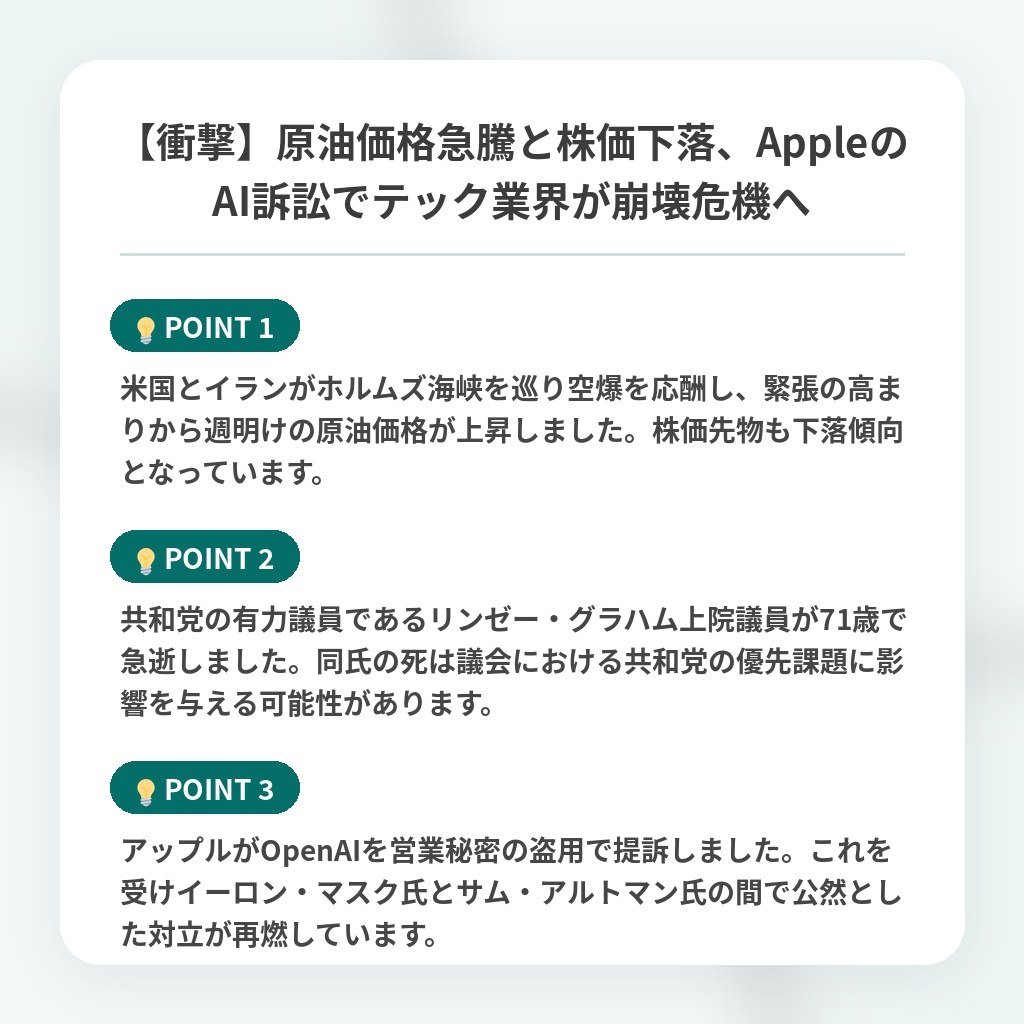 【衝撃】原油価格急騰と株価下落、AppleのAI訴訟でテック業界が崩壊危機への注目ポイントまとめ