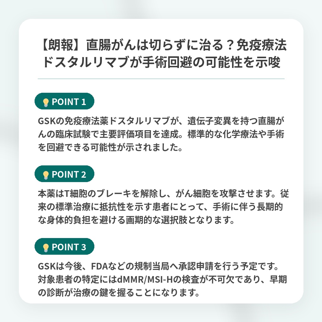 【朗報】直腸がんは切らずに治る?免疫療法ドスタルリマブが手術回避の可能性を示唆の注目ポイントまとめ