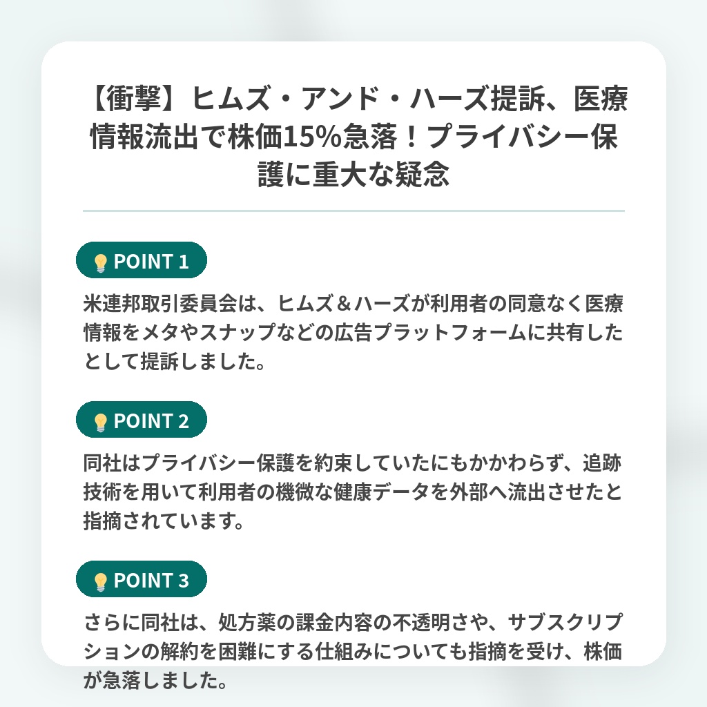 【衝撃】ヒムズ・アンド・ハーズ提訴、医療情報流出で株価15%急落!プライバシー保護に重大な疑念の注目ポイントまとめ