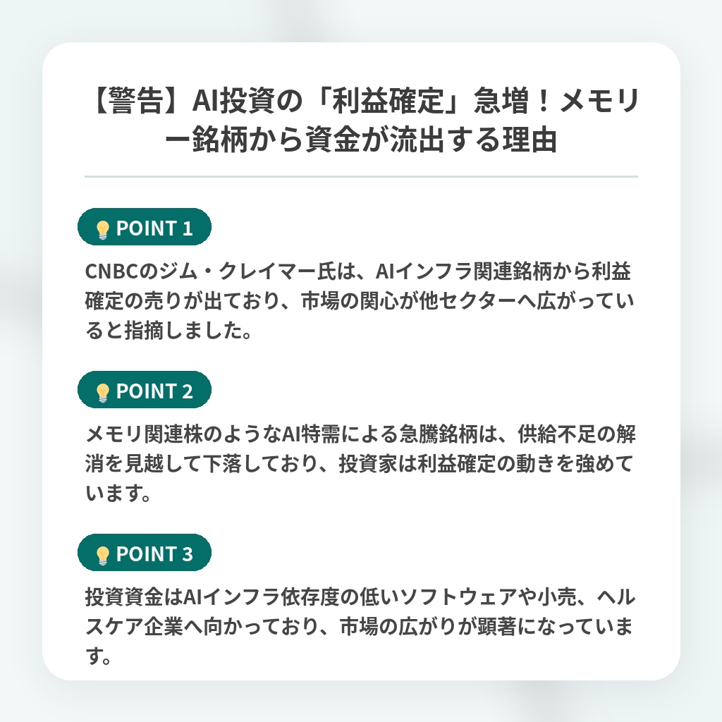 【警告】AI投資の「利益確定」急増！メモリー銘柄から資金が流出する理由の注目ポイントまとめ