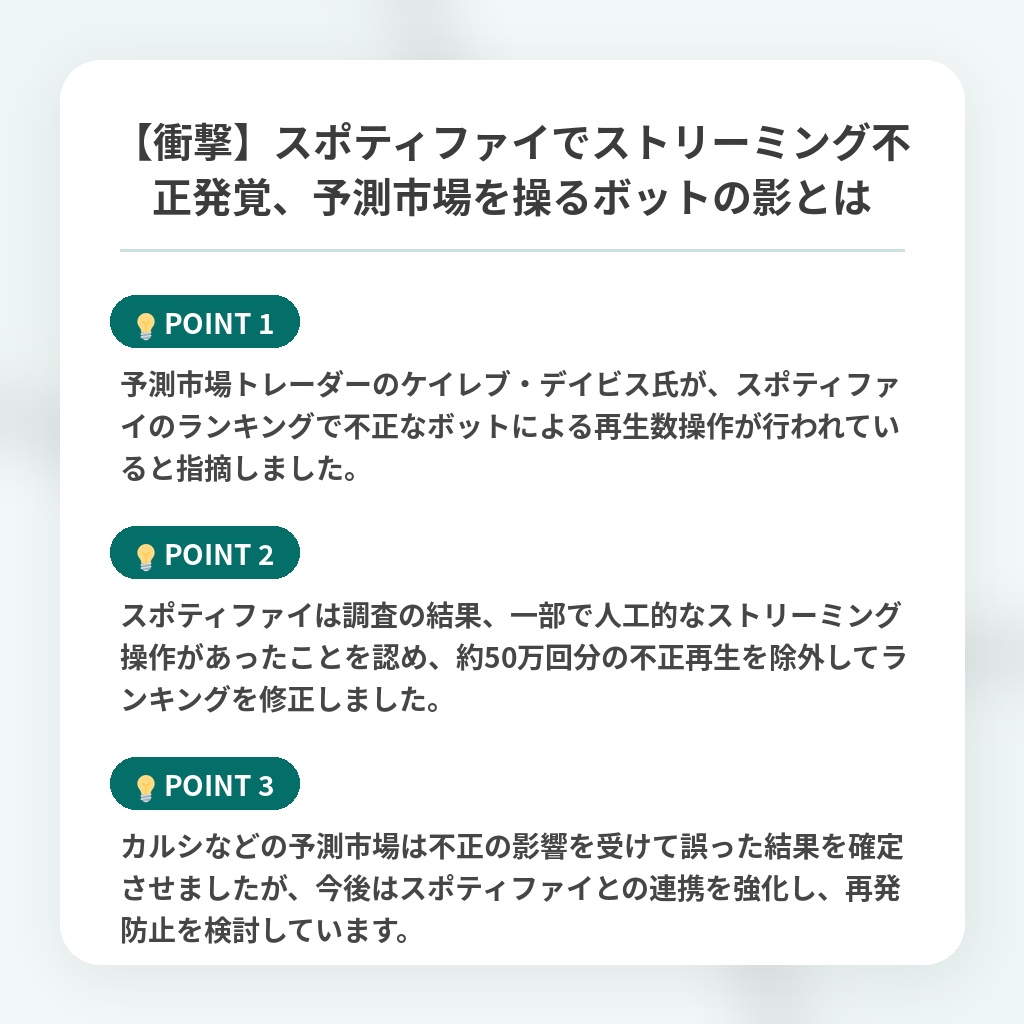 【衝撃】スポティファイでストリーミング不正発覚、予測市場を操るボットの影とはの注目ポイントまとめ