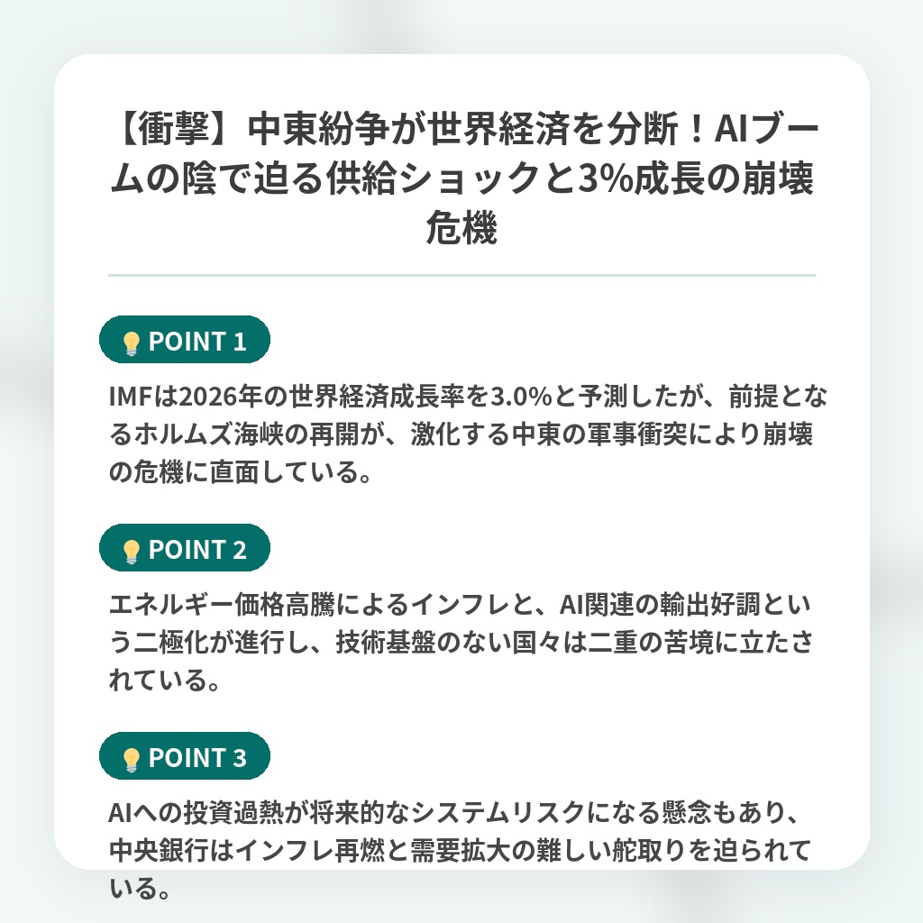 【衝撃】中東紛争が世界経済を分断!AIブームの陰で迫る供給ショックと3%成長の崩壊危機の注目ポイントまとめ