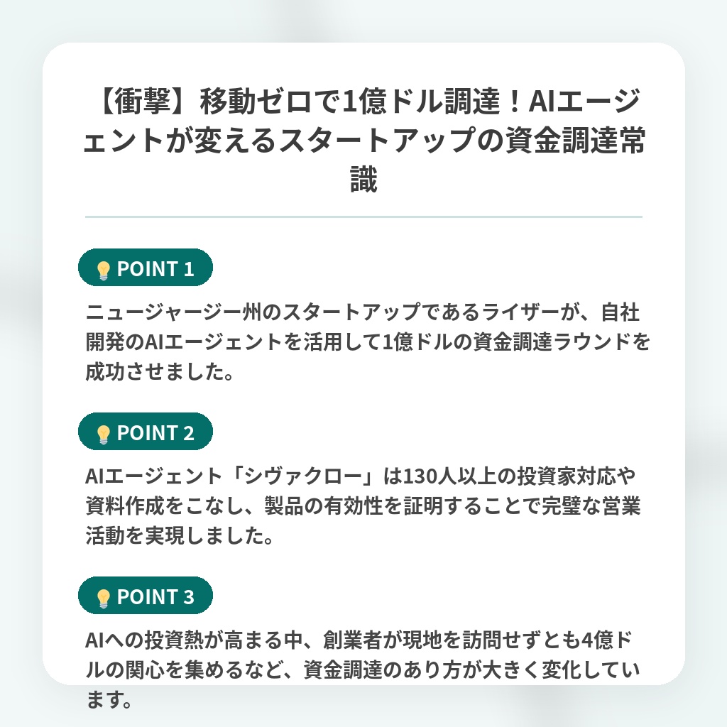 【衝撃】移動ゼロで1億ドル調達!AIエージェントが変えるスタートアップの資金調達常識の注目ポイントまとめ