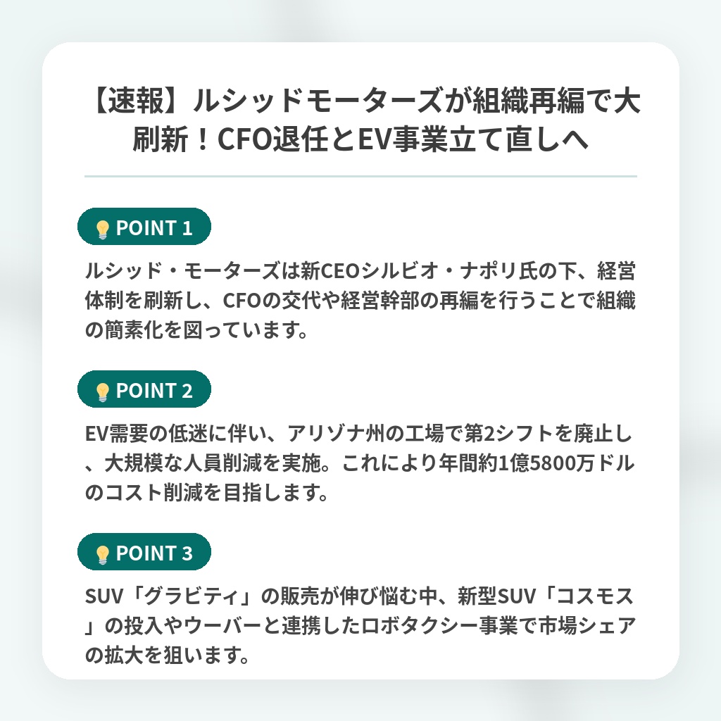 【速報】ルシッドモーターズが組織再編で大刷新！CFO退任とEV事業立て直しへの注目ポイントまとめ