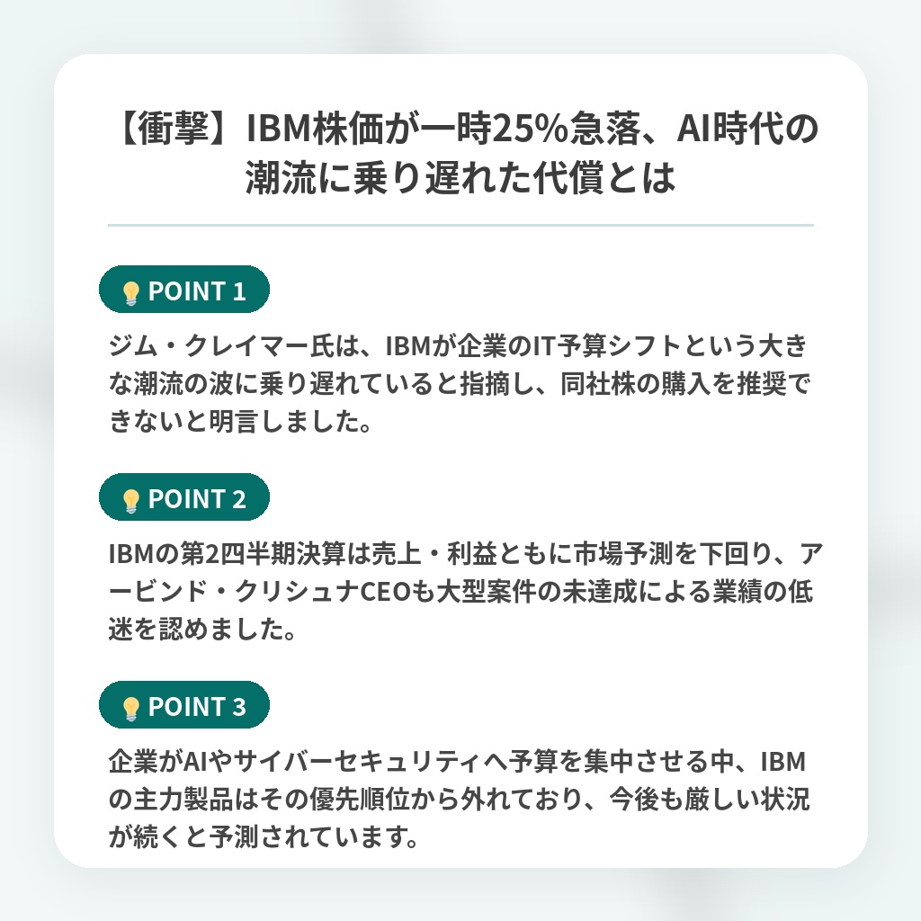 【衝撃】IBM株価が一時25%急落、AI時代の潮流に乗り遅れた代償とはの注目ポイントまとめ