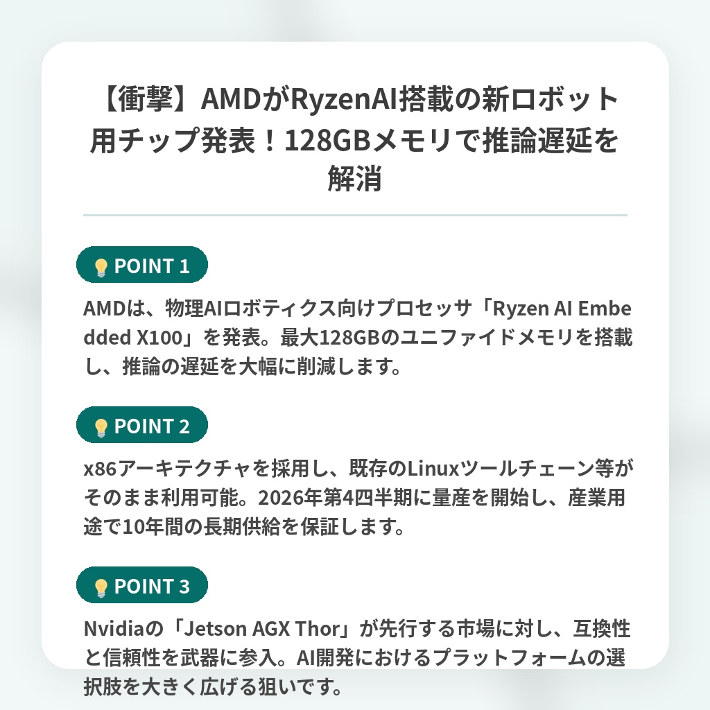 【衝撃】AMDがRyzenAI搭載の新ロボット用チップ発表！128GBメモリで推論遅延を解消の注目ポイントまとめ