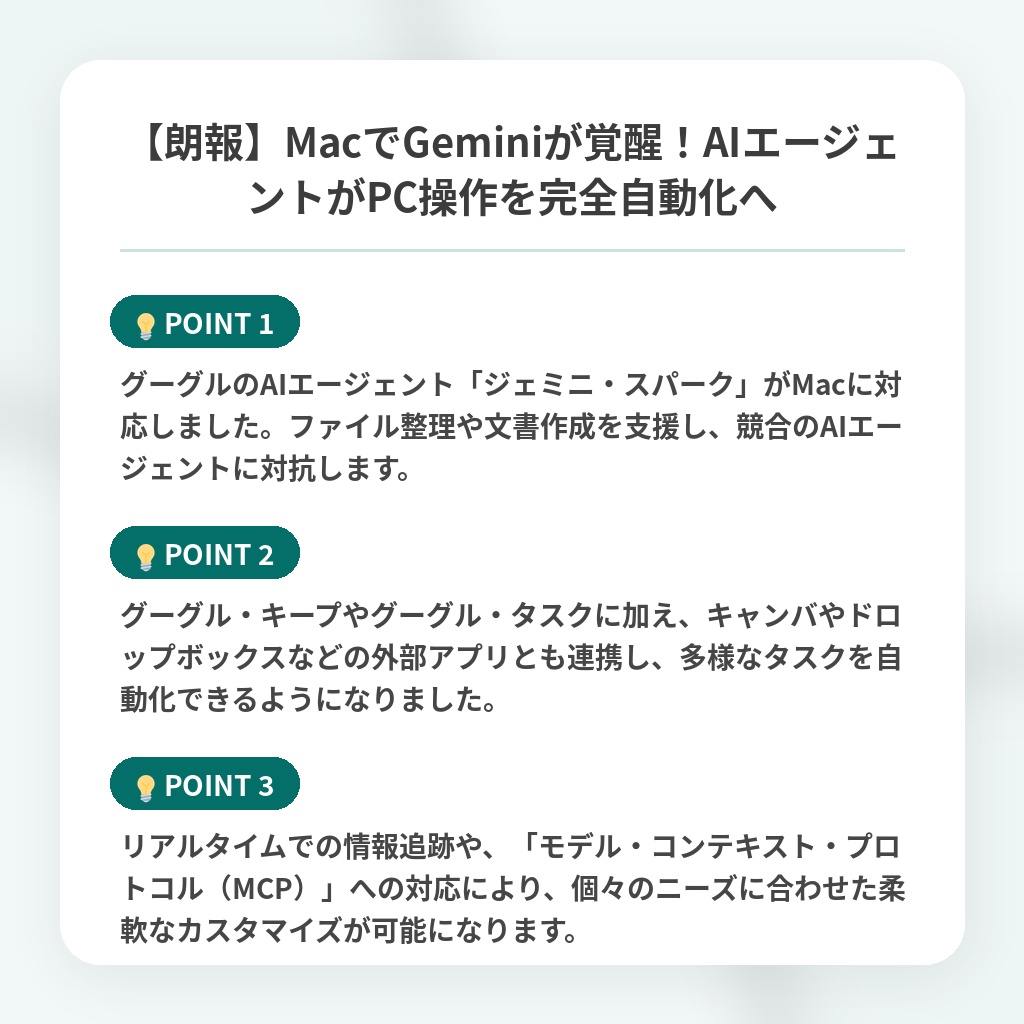 【朗報】MacでGeminiが覚醒！AIエージェントがPC操作を完全自動化への注目ポイントまとめ