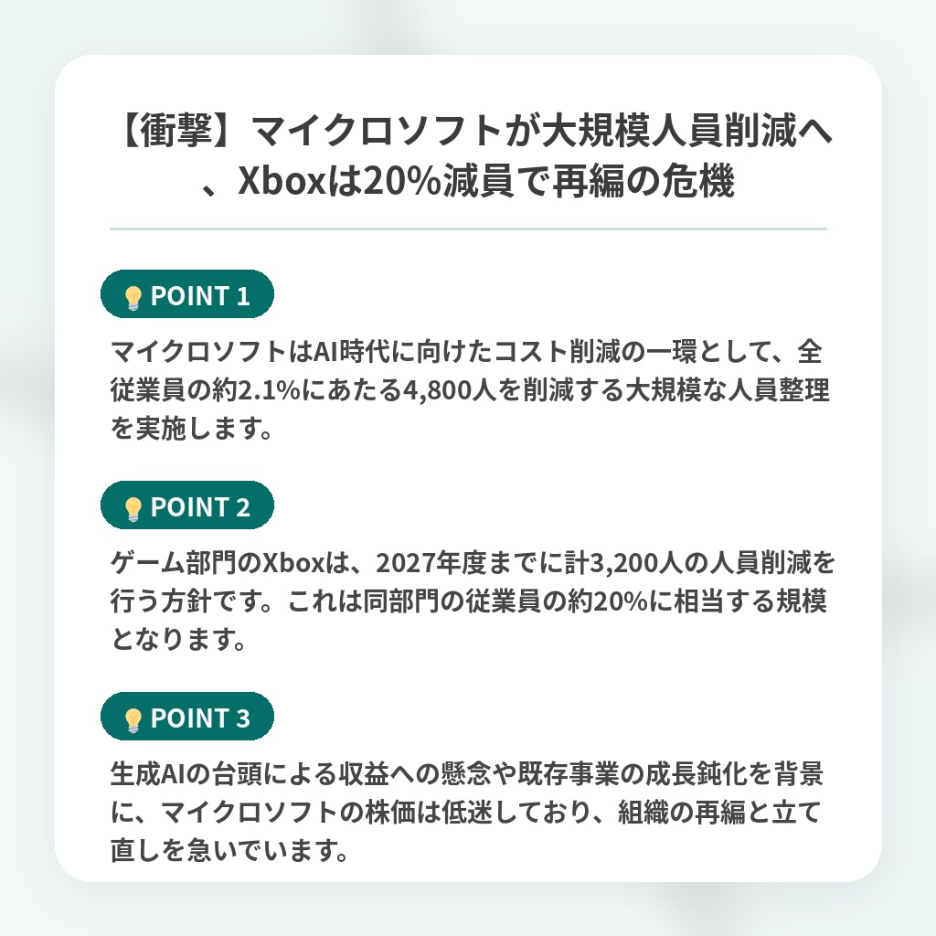 【衝撃】マイクロソフトが大規模人員削減へ、Xboxは20％減員で再編の危機の注目ポイントまとめ