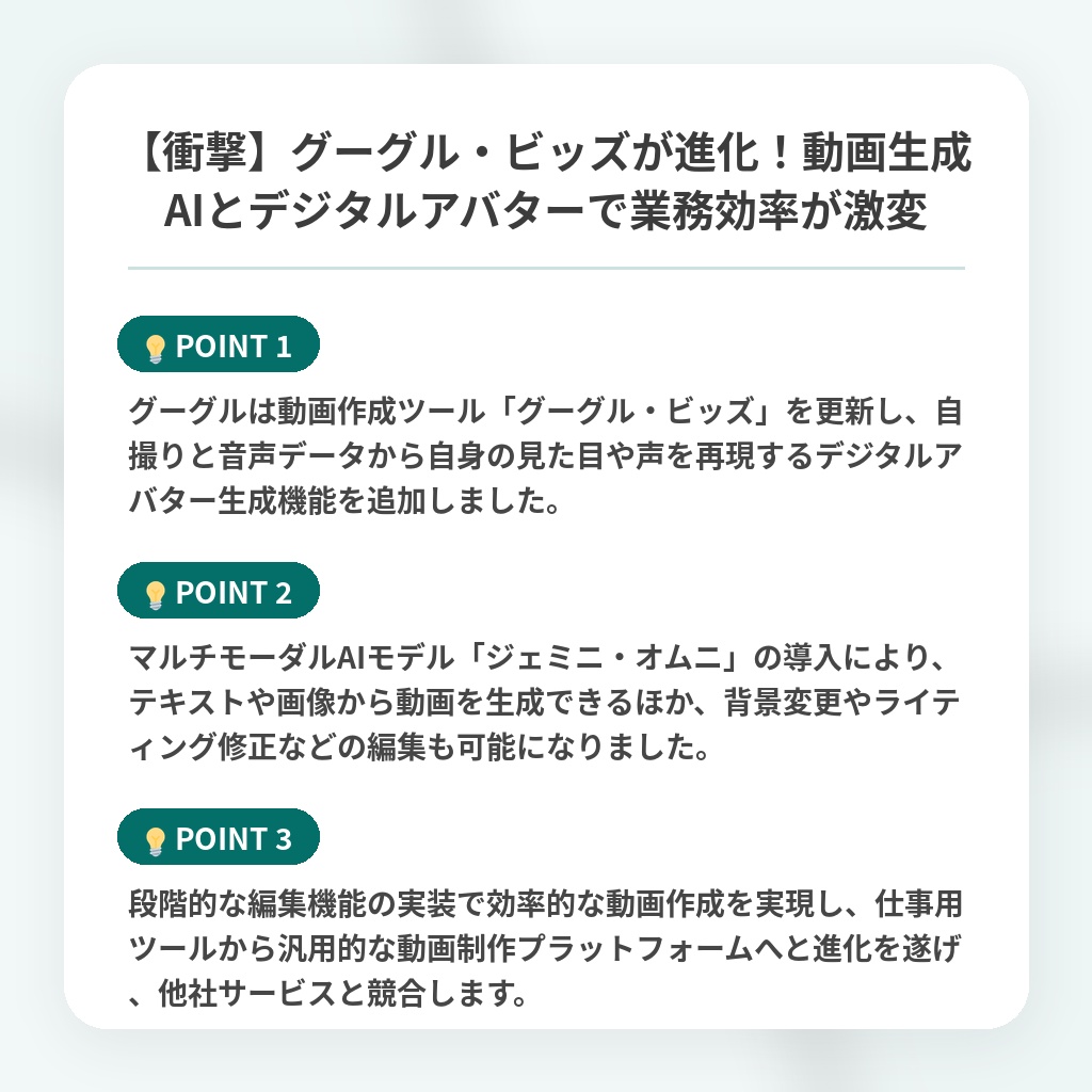 【衝撃】グーグル・ビッズが進化!動画生成AIとデジタルアバターで業務効率が激変の注目ポイントまとめ