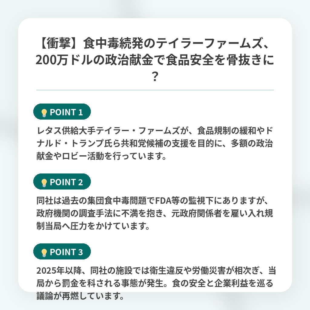 【衝撃】食中毒続発のテイラーファームズ、200万ドルの政治献金で食品安全を骨抜きに？の注目ポイントまとめ