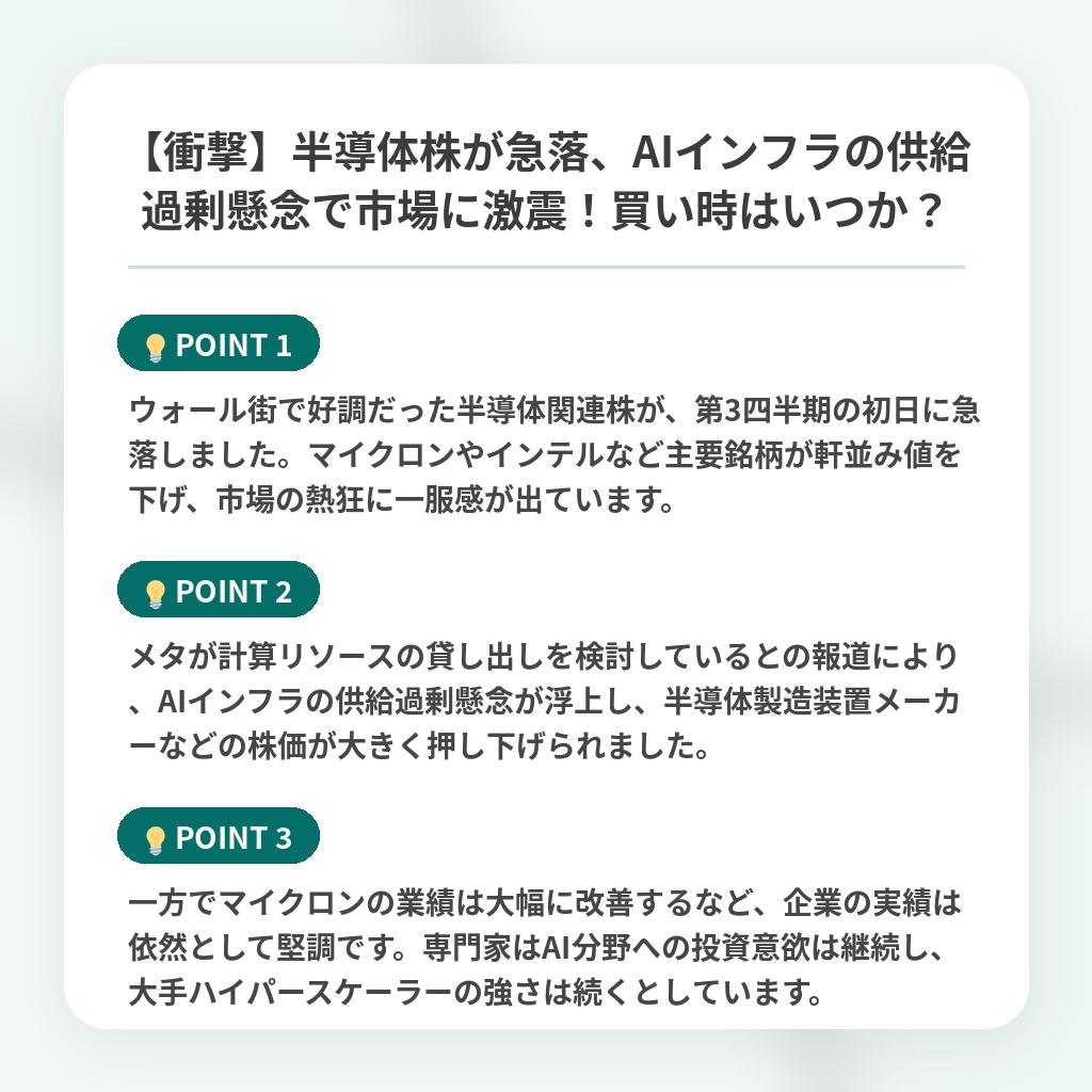 【衝撃】半導体株が急落、AIインフラの供給過剰懸念で市場に激震!買い時はいつか?の注目ポイントまとめ
