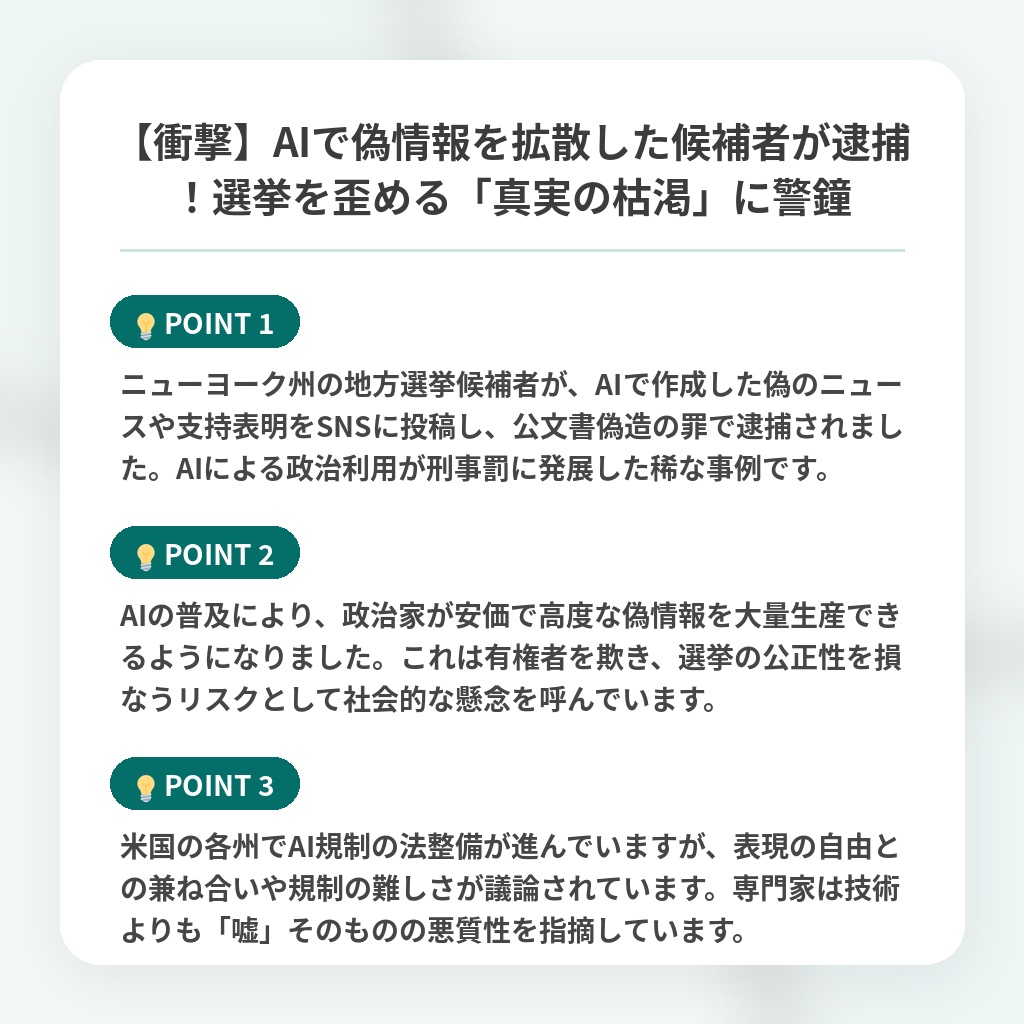 【衝撃】AIで偽情報を拡散した候補者が逮捕！選挙を歪める「真実の枯渇」に警鐘の注目ポイントまとめ