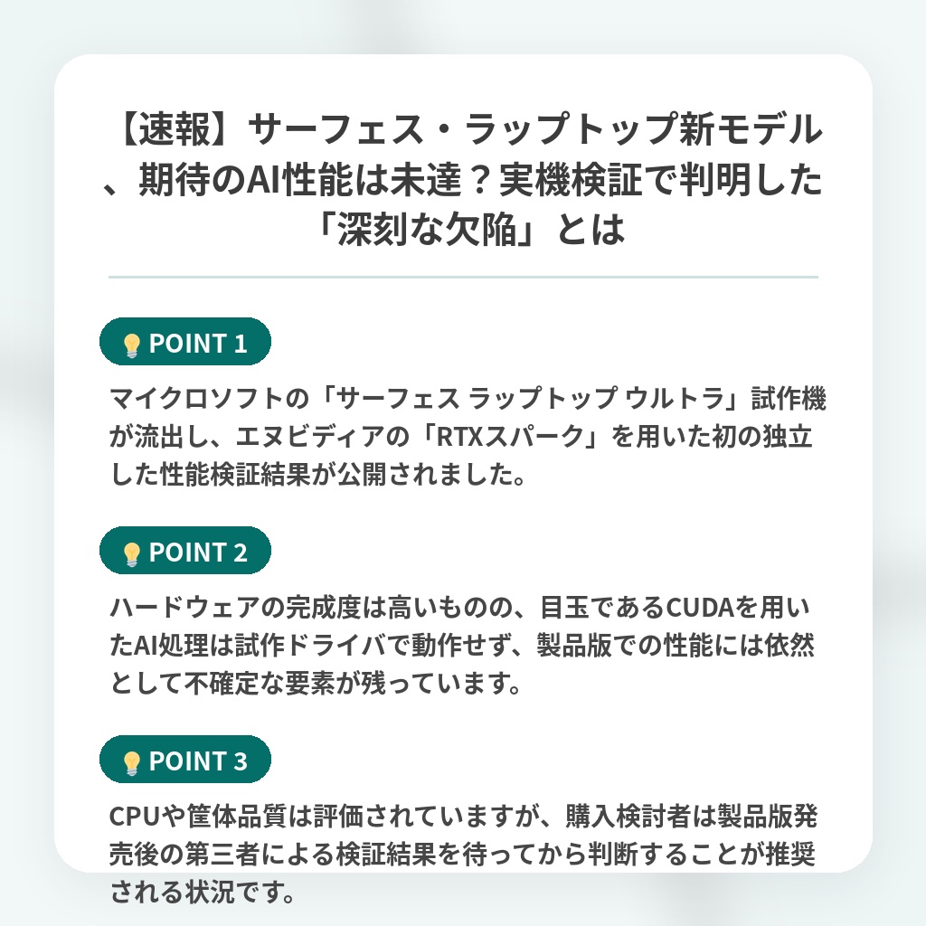 【速報】サーフェス・ラップトップ新モデル、期待のAI性能は未達?実機検証で判明した「深刻な欠陥」とはの注目ポイントまとめ