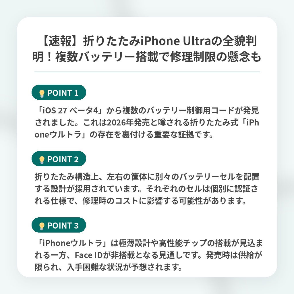 【速報】折りたたみiPhone Ultraの全貌判明!複数バッテリー搭載で修理制限の懸念もの注目ポイントまとめ