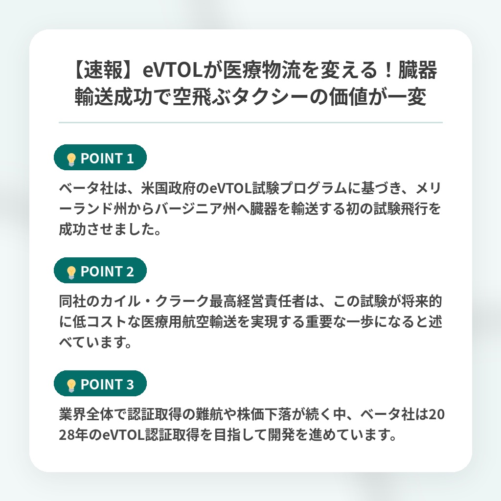 【速報】eVTOLが医療物流を変える!臓器輸送成功で空飛ぶタクシーの価値が一変の注目ポイントまとめ