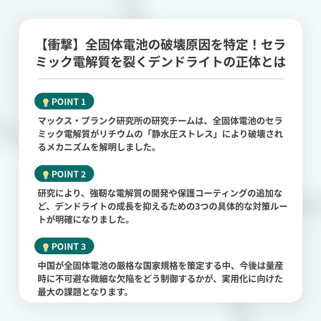 【衝撃】全固体電池の破壊原因を特定!セラミック電解質を裂くデンドライトの正体とはの注目ポイントまとめ