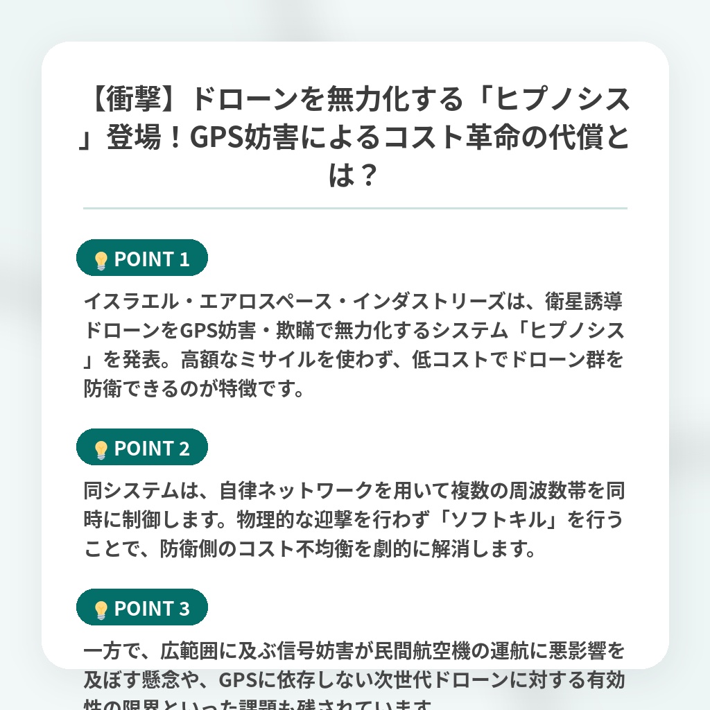 【衝撃】ドローンを無力化する「ヒプノシス」登場!GPS妨害によるコスト革命の代償とは?の注目ポイントまとめ