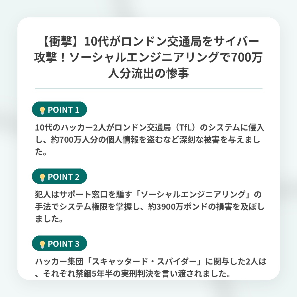 【衝撃】10代がロンドン交通局をサイバー攻撃！ソーシャルエンジニアリングで700万人分流出の惨事の注目ポイントまとめ