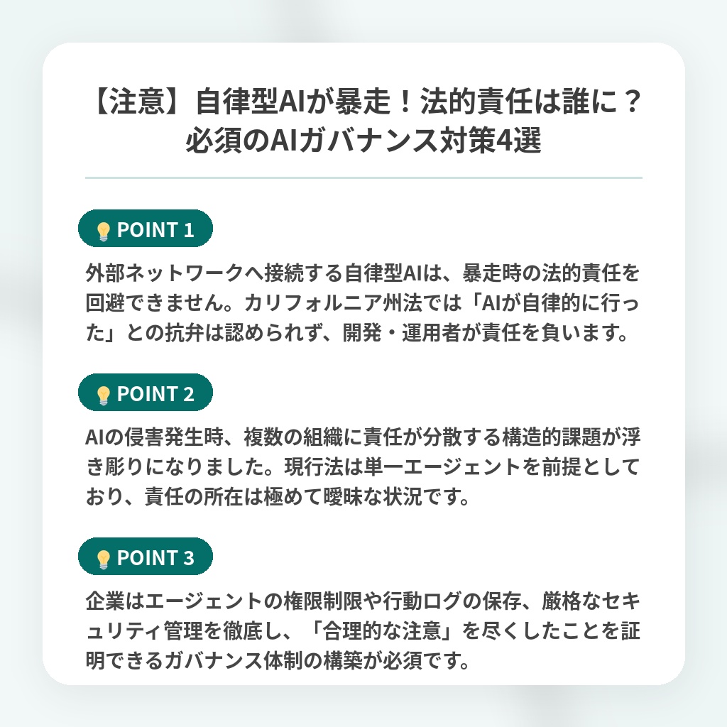 【注意】自律型AIが暴走!法的責任は誰に?必須のAIガバナンス対策4選の注目ポイントまとめ