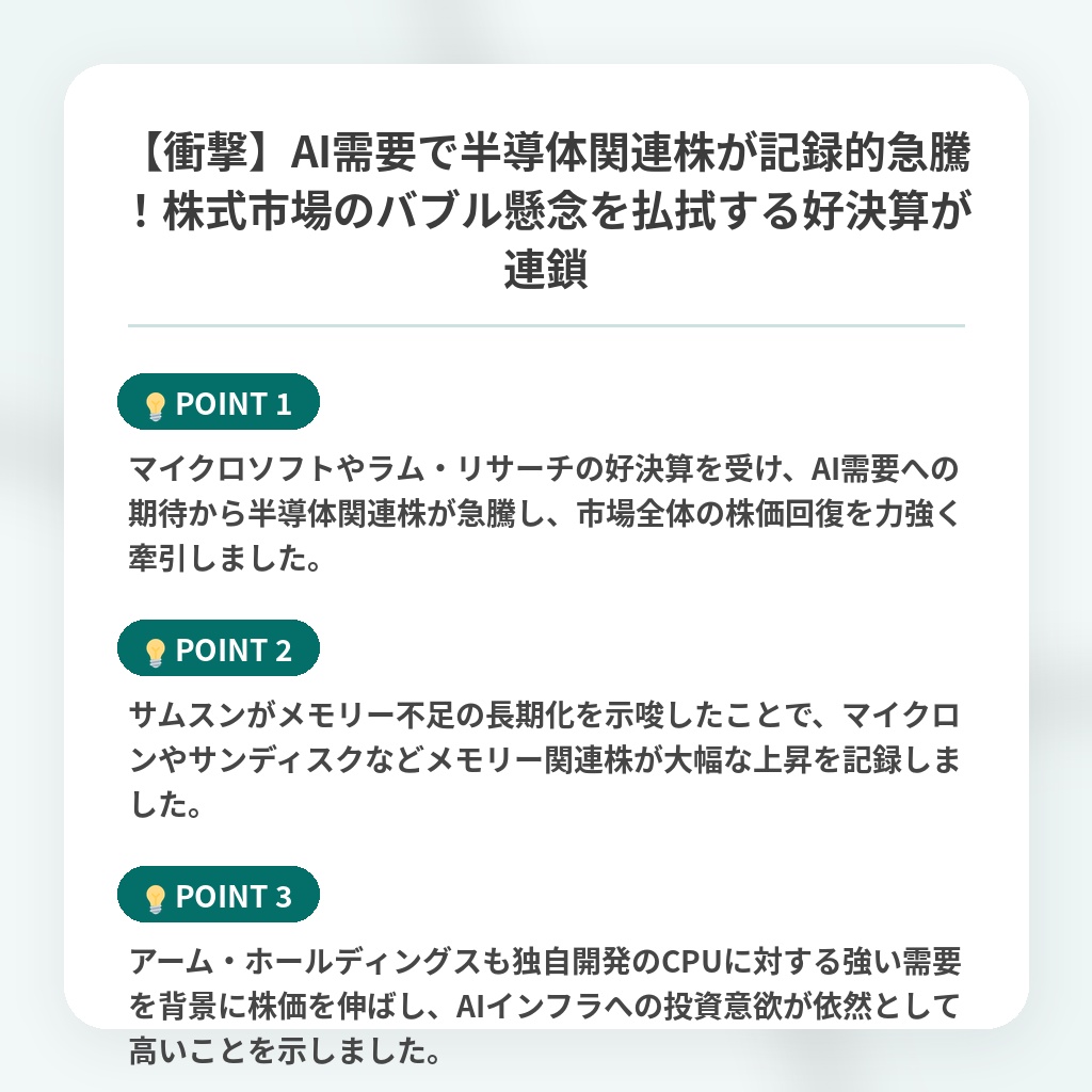 【衝撃】AI需要で半導体関連株が記録的急騰!株式市場のバブル懸念を払拭する好決算が連鎖の注目ポイントまとめ