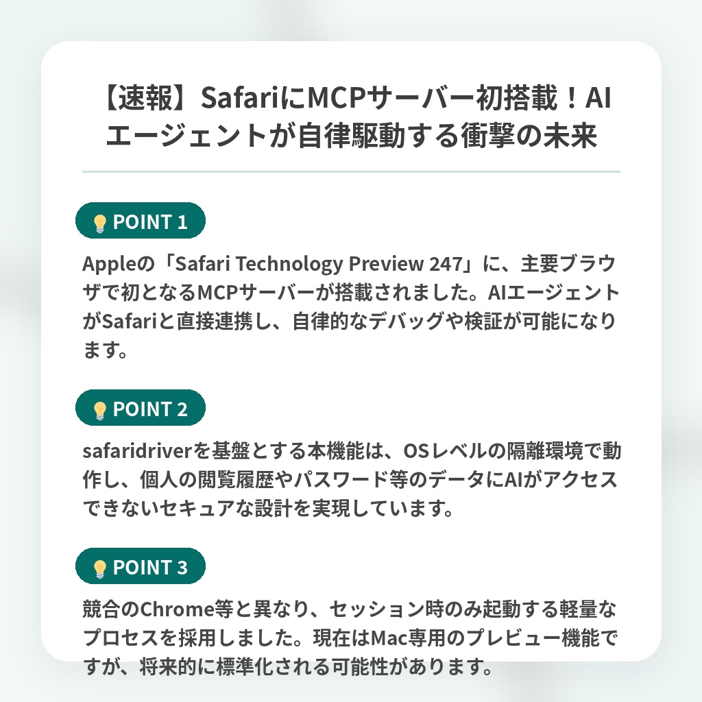 【速報】SafariにMCPサーバー初搭載！AIエージェントが自律駆動する衝撃の未来の注目ポイントまとめ