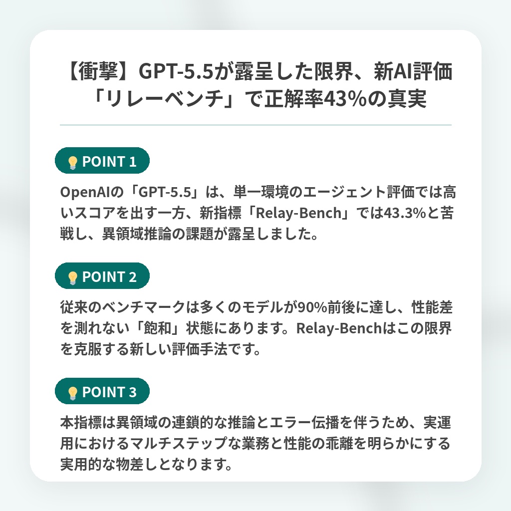【衝撃】GPT-5.5が露呈した限界、新AI評価「リレーベンチ」で正解率43%の真実の注目ポイントまとめ
