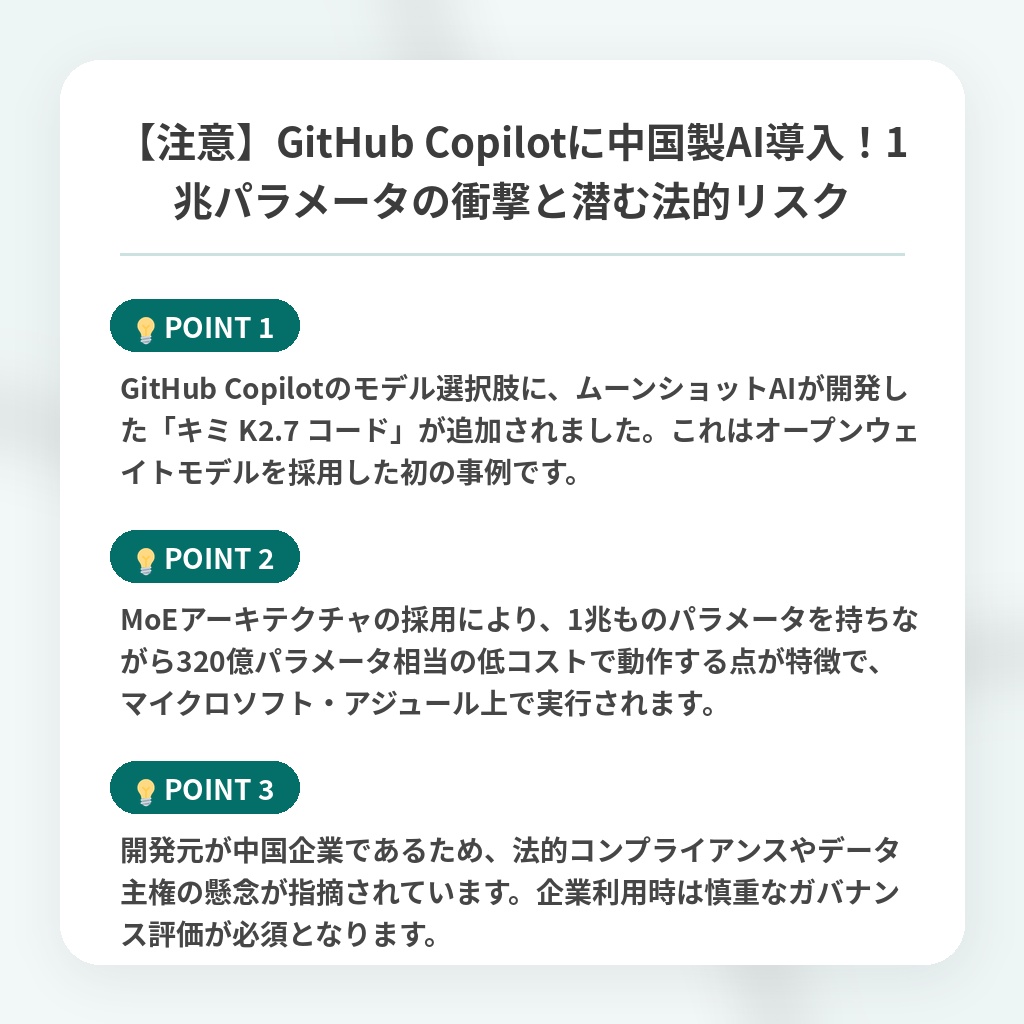 【注意】GitHub Copilotに中国製AI導入！1兆パラメータの衝撃と潜む法的リスクの注目ポイントまとめ