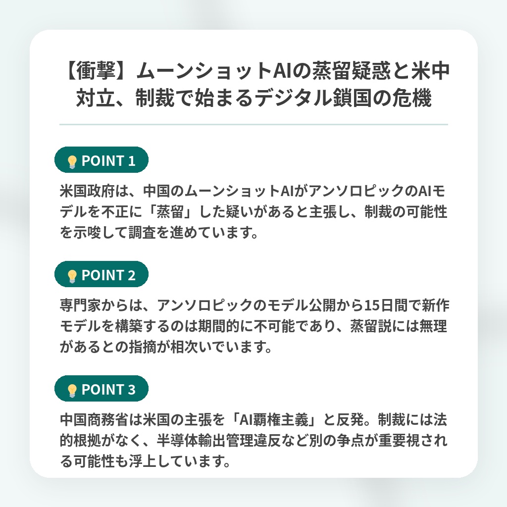 【衝撃】ムーンショットAIの蒸留疑惑と米中対立、制裁で始まるデジタル鎖国の危機の注目ポイントまとめ
