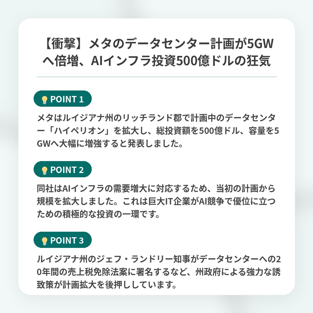 【衝撃】メタのデータセンター計画が5GWへ倍増、AIインフラ投資500億ドルの狂気の注目ポイントまとめ
