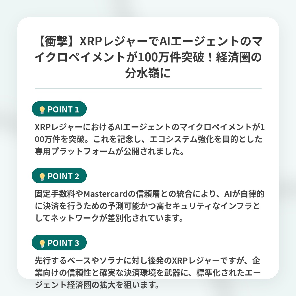 【衝撃】XRPレジャーでAIエージェントのマイクロペイメントが100万件突破！経済圏の分水嶺にの注目ポイントまとめ