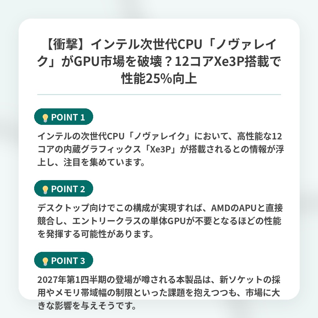 【衝撃】インテル次世代CPU「ノヴァレイク」がGPU市場を破壊?12コアXe3P搭載で性能25%向上の注目ポイントまとめ