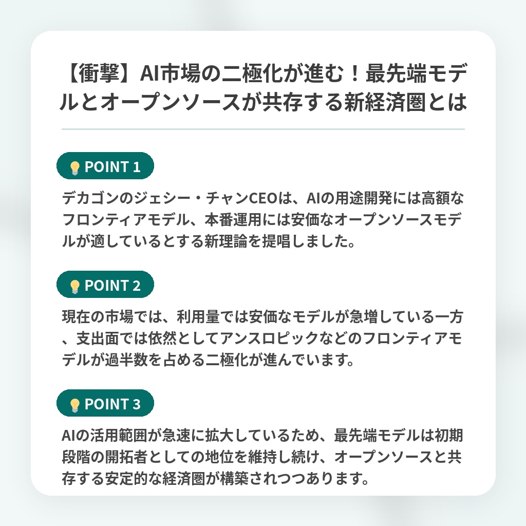 【衝撃】AI市場の二極化が進む!最先端モデルとオープンソースが共存する新経済圏とはの注目ポイントまとめ