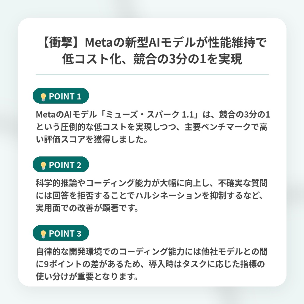 【衝撃】Metaの新型AIモデルが性能維持で低コスト化、競合の3分の1を実現の注目ポイントまとめ