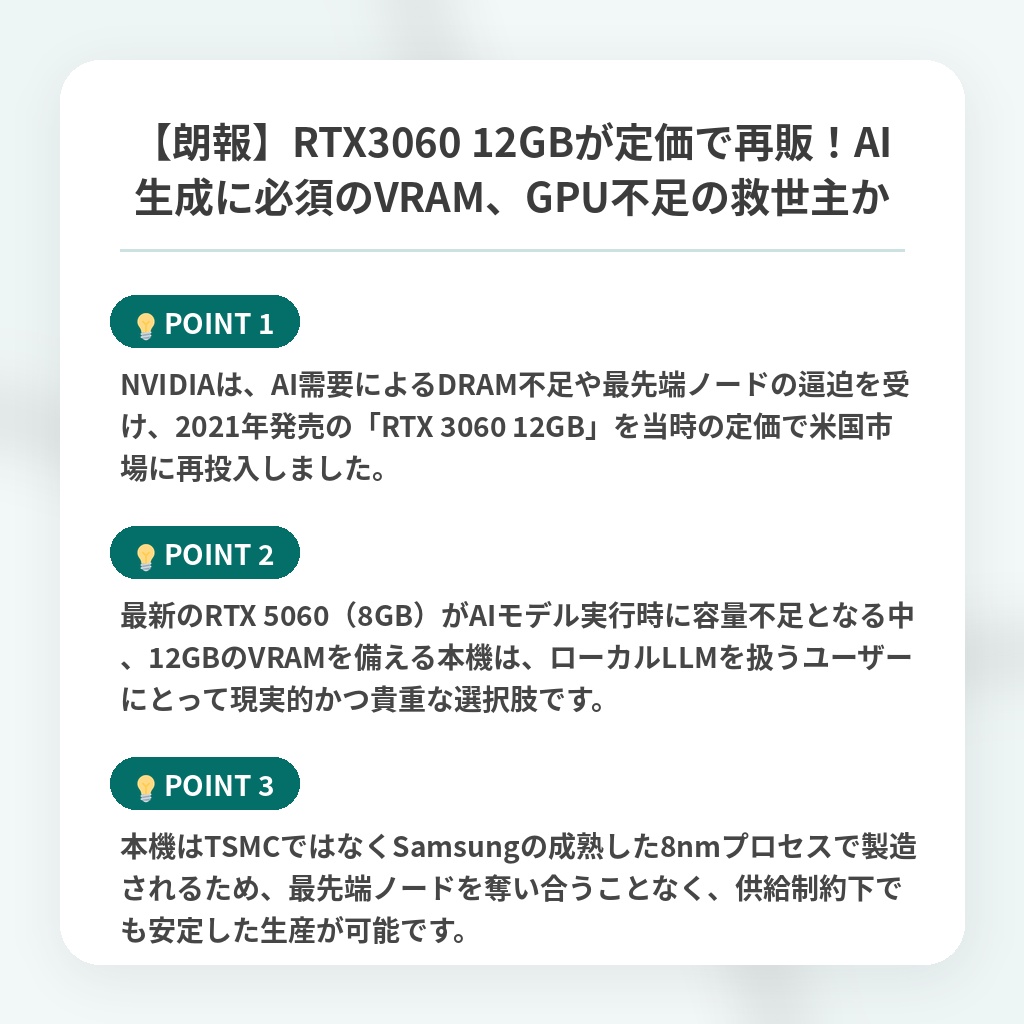 【朗報】RTX3060 12GBが定価で再販!AI生成に必須のVRAM、GPU不足の救世主かの注目ポイントまとめ